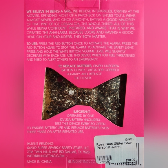 BLING STING Super Loud Personal Protection Bow Keychain Alarm ~ NIB ~ - Picture 2 of 2